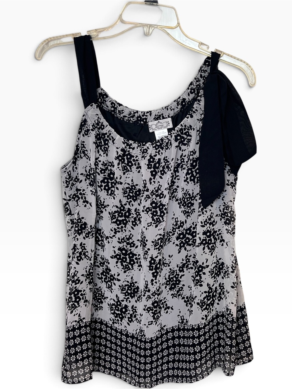 Trixxi 2000s Y2K Floral Tank Top XL Black White Accent Bow Strap Lined Top